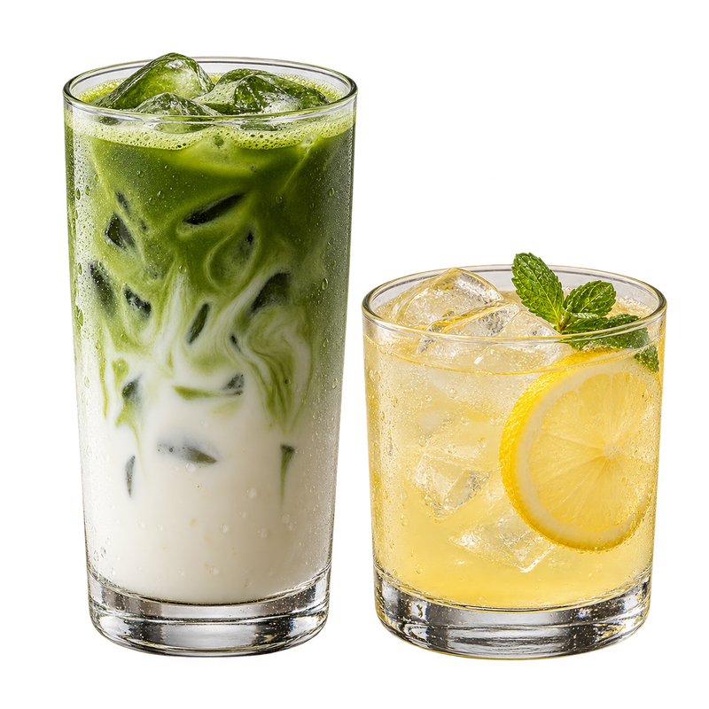 Matcha latte con hielo y limonada con rodaja de limón