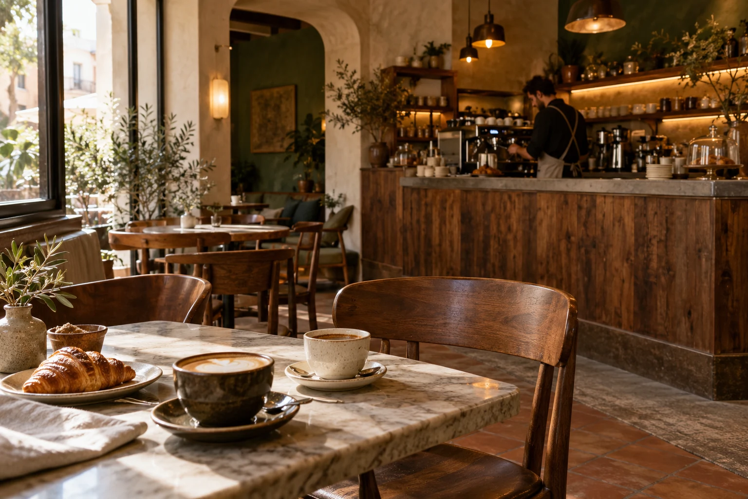 Un café acogedor con barra de madera, mesas de mármol y luz de mañana