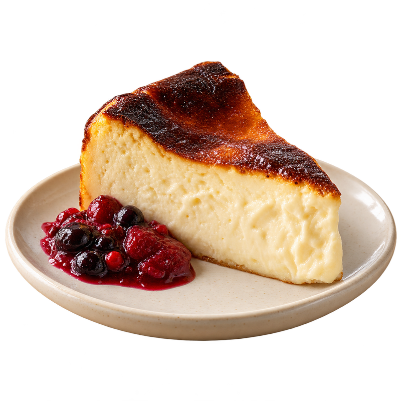 Porción de tarta de queso tostada con compota de frutos rojos