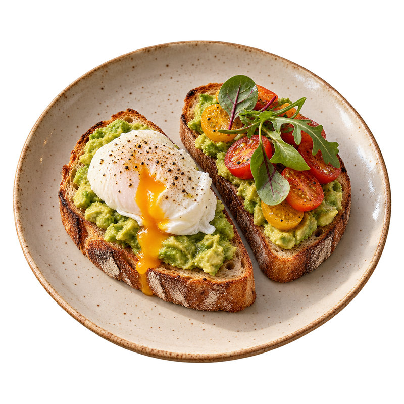 Tostas de aguacate, tomate y huevo sobre un plato de cerámica