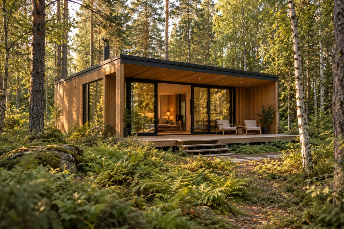 Cabaña contemporánea de madera con terraza entre árboles, imagen generada con IA