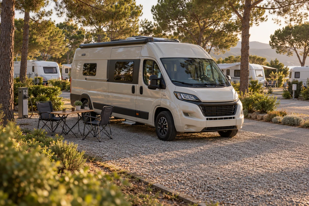 Camper aparcada en una parcela con otras caravanas al fondo, imagen generada con IA