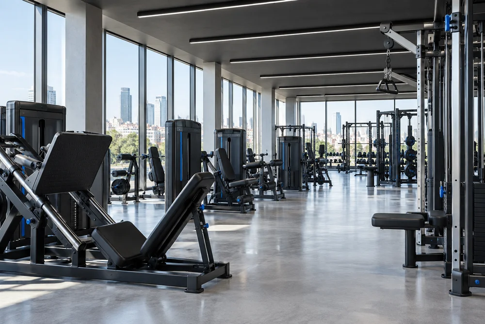 Sala de máquinas de fuerza organizada en un gimnasio contemporáneo