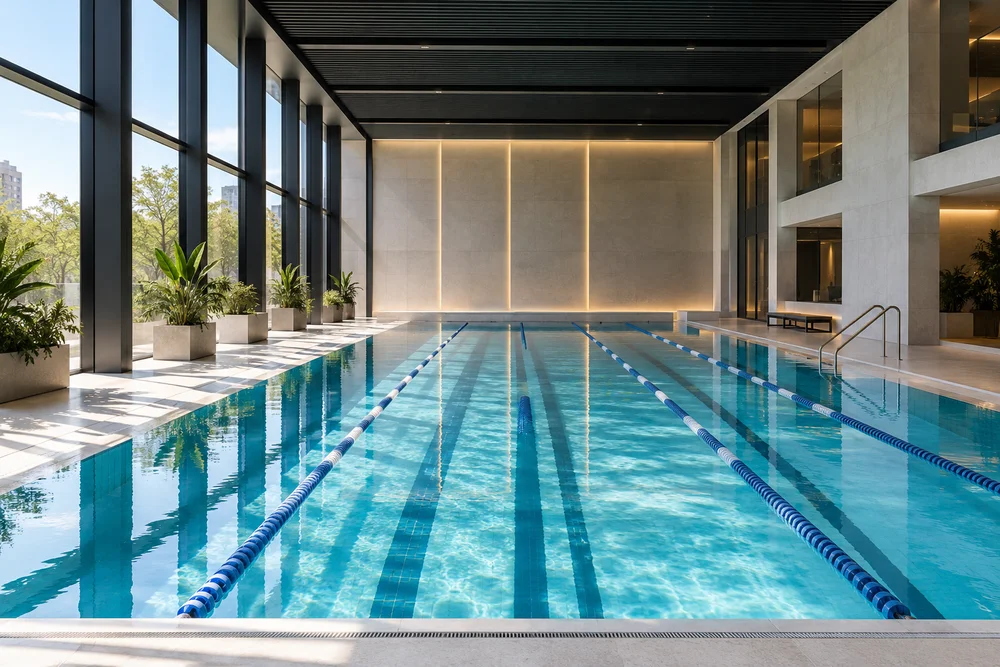 Piscina interior moderna con agua turquesa y calles de natación