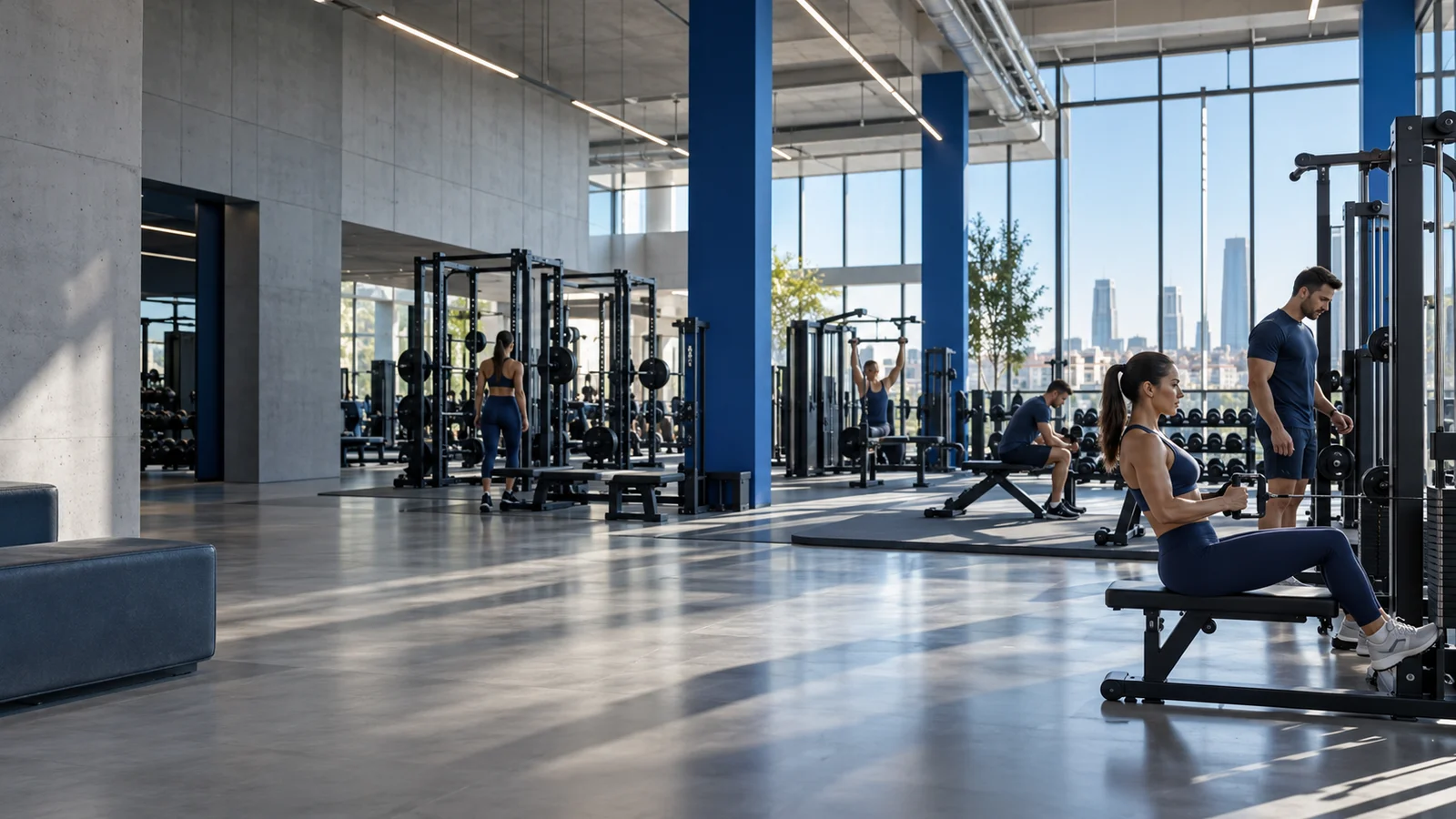 Sala de un gimnasio moderno con luz natural, máquinas y personas entrenando