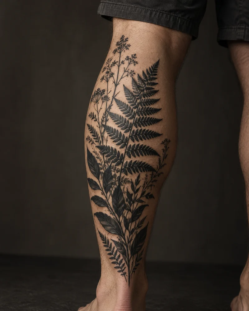 Blackwork sobre pantorrilla: Raíz oscura. Imagen generada.