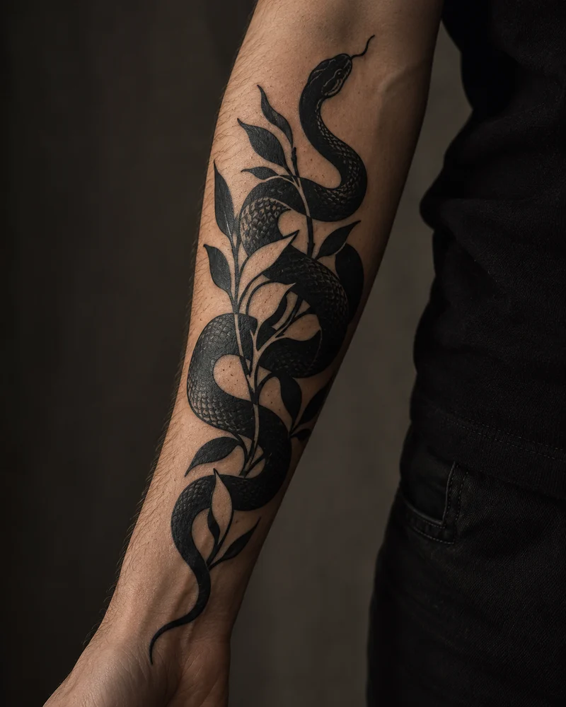 Blackwork sobre antebrazo: Cambio de piel. Imagen generada.