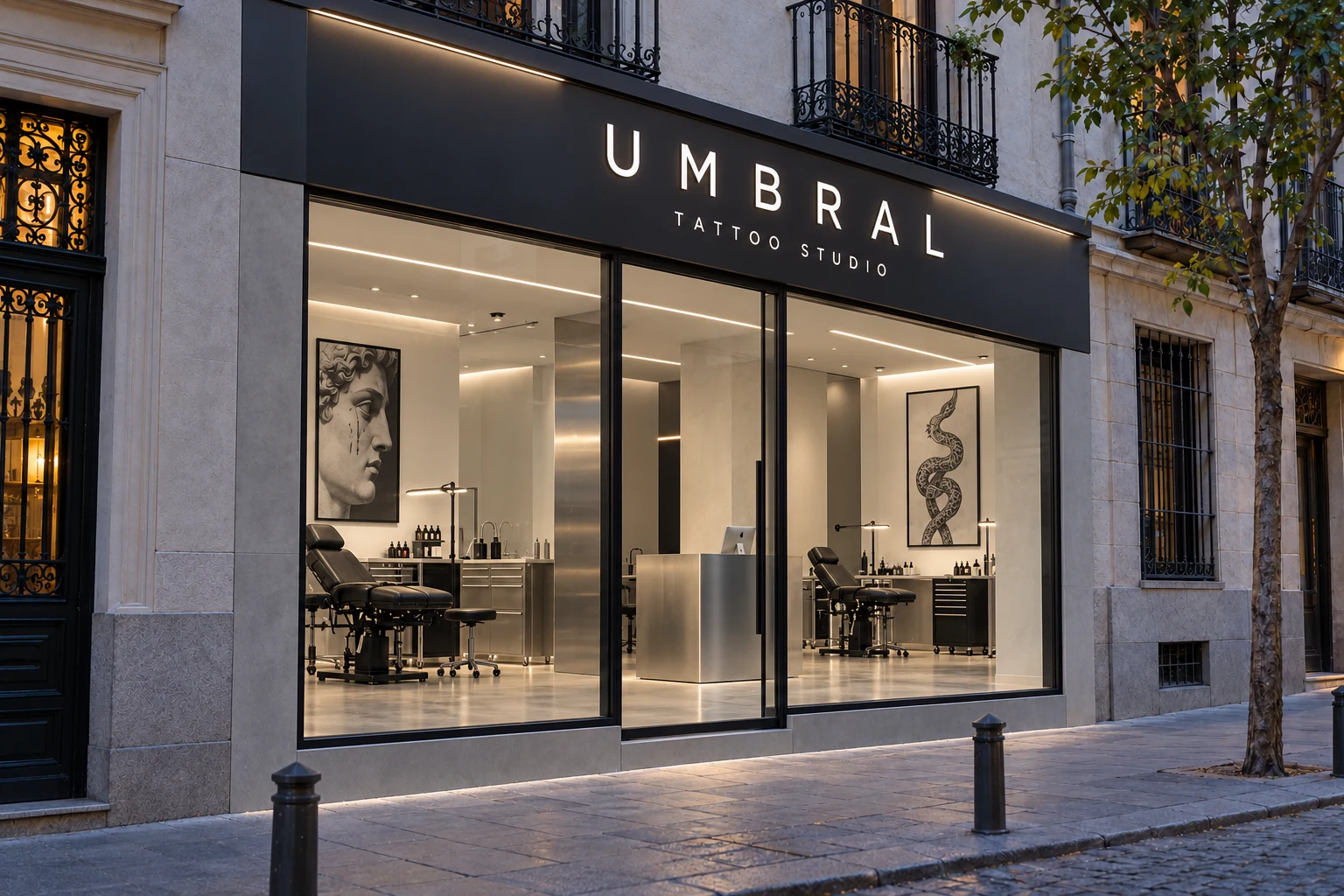 Fachada ficticia de UMBRAL, con su cartel y el interior iluminado