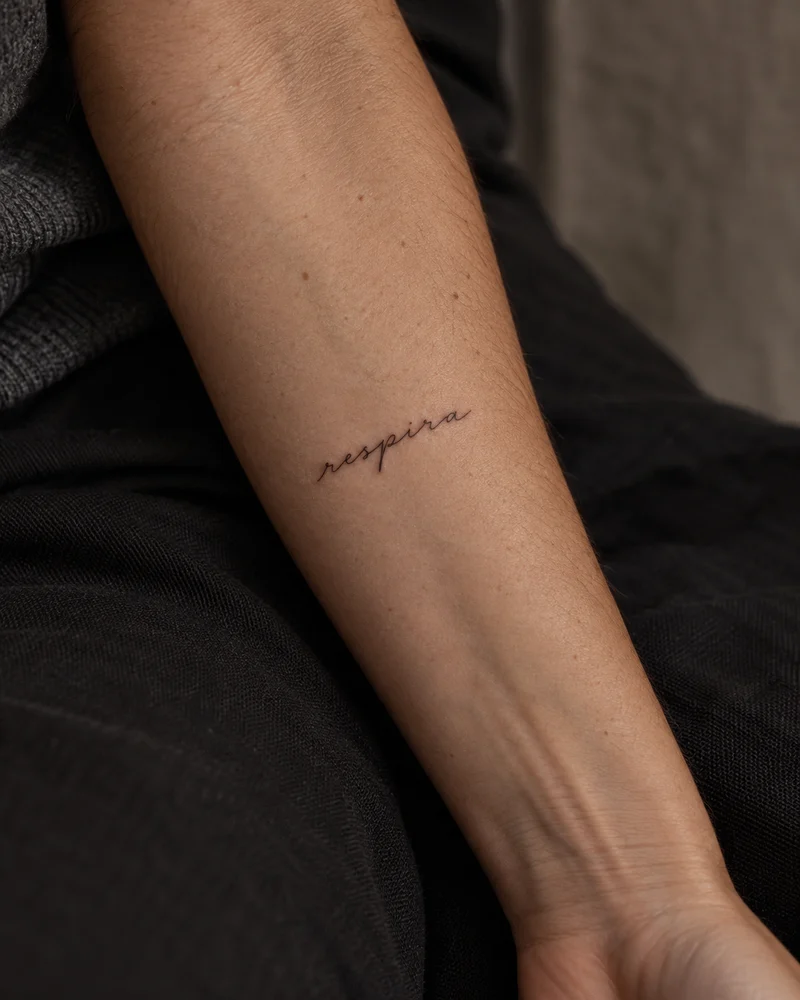 Fine line sobre antebrazo: Respira. Imagen generada.